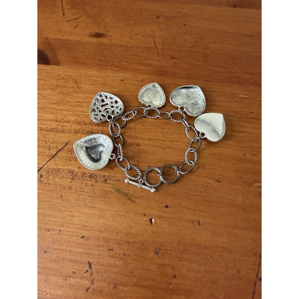Silver Tone Heart Charm Bracelet Dangle Romantic Jewelry Gift Idea - Picture 7 of 9